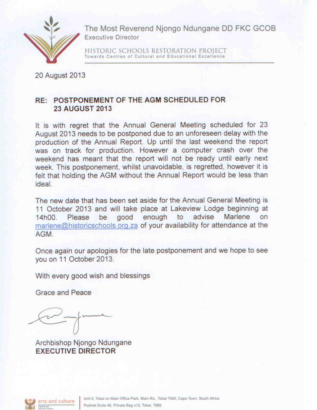 POSTPONEMENT OF AGM SCHEDULED FOR 23 AUGUST 2013